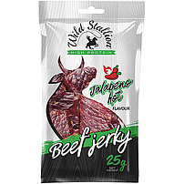 "WILD STALLION" Beef Jerky Jalapeno - Getrocknetes Rindfleisch mit scharfem Paprika Geschmack, gepökelt und mariniert. 100g Beef Jerky wurden aus 180g Rindfleisch hergestellt.