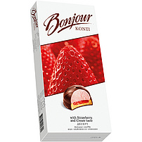Konditorski proizvodi od pjene (25,5%) s okusom jagode-kreme "Bonjour souffle" na laganoj prhko tijesto (26,5%) i želeom s okusom jagode (21%), presvučeni masnom glazurom na bazi kakaa (27%)
