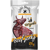"WILD STALLION" Beef Jerky Teriyaki - Getrocknetes Rindfleisch mit Teriyaki-Sauce Geschmack, gepökelt und mariniert. 100g Beef Jerky wurden aus 180g Rindfleisch hergestellt.