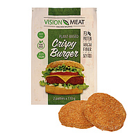 Veganes Erzeugnis auf Basis von Erbseneiweiß, knusprig paniert, zu einem Burger-Patty geformt, tiefgefroren.