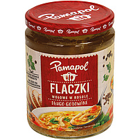 Rinderkutteln in Brühe mit Schweinegelatine "Flaczki wolowe w rosole". Sterilisiertes Produkt.