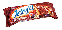 Jutrzenka - "Jezyki Classic" Teegebäck mit 32,3% Karamellauflage, Getreidecrisps, Rosinen und Haselnüssen, in Milchschokolade.