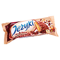 "Jezyki cafe" Teegebäck mit 34,8% Karamellauflage mit Kaffeegeschmack, Getreidecrisps und Haselnüssen, in Milchschokolade. Schokolade enthält neben Kakaobutter auch andere pflanzliche Fette.