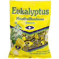 "Eukalyptus Menthol Lemon" Hartkaramellen mit Eukalyptus- und Minzöl, mit Zitronengeschmack.
