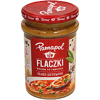 Rinderkutteln in tomatenhaltiger Sauce "Flaczki po zamojsku", sterilisiert, mit Sojaeiweißhydrolysat.