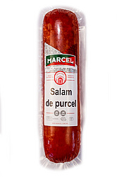 Kochsalami "Salam de purcel", mittelgrobzerkleinert, mit Sojaeiweißisolat, geräuchert