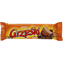 "Grzeski toffi" Waffel mit Toffee-Geschmack-Creme (48%) in Milchschokolade. Schokolade enthält neben Kakaobutter auch andere pflanzliche Fette.