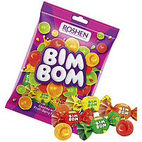 "Bim-Bom" Gefüllte Hartkaramellen-Mischung in verschiedenen Geschmacksrichtungen (Walderdbeere, Ananas, Birne, Frucht-Zimtgeschmack). Füllung 18%.
