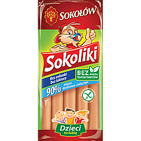 "SOKOLIKI" Hähnchenfleischwürstchen mit 5,6% Kalbfleisch im Fleischanteil. Geräuchert, ohne Wursthülle, vakuumverpackt.