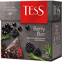 Schwarzer Tee "Tess Berry Bar", aromatisiert- Brombeere und schwarze Johannisbeere, mit Rosmarin, Brombeerblättern und schwarze Johannisbeerblättern, in Pyramidenteebeuteln