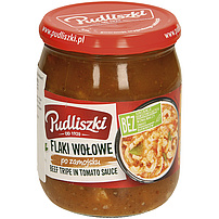 "Flaki wołowe po zamoysku" - Rinderkutteln in tomatenhaltiger Sauce. Sterilisiert.