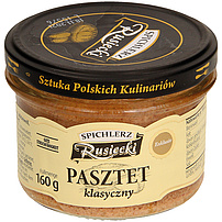 Kochstreichwurst mit Schweinleber  "Pasztet klasyczny". Mit Hähnchenhaut, Milcheiweiß, Schweinebindegewebseiweiß und Sojaeiweiß. Sterilisiert.