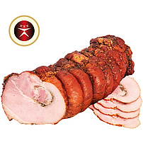 Schweinebauchrolle mit Knoblauch, gepökelt, gegart und geräuchert, enthält zugesetztes Wasser