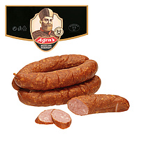 "Carnat cu sunca" Erzeugnis mit 32% Schweinefleisch, mittelgrob, geräuchert. Mit Wasserzusatz und Sojaeiweißisolat.