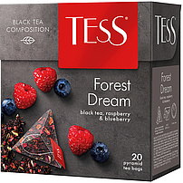 Schwarzer Tee "Tess Forest Dream", aromatisiert- Himbeere und Blaubeere, mit schwarzen Johannisbeerblättern, Rosenbluetenblättern und Hibiskus, in Pyramidenteebeuteln