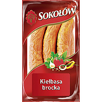 "Kielbasa broca" Schweinefleischwurst mit Geflügelfleisch, mittelgrob zerkleinert, gebrüht und geräuchert. Mit Zusatz von Wasser und Schweinekollageneiweiß.