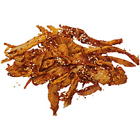 Svačinka z obřích chobotnic (Dosidicus gigas) se sezamem a chilli v proužcích, solená a sušená.