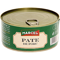 Feinzerkleinertes gepökeltes Erzeugnis mit Speck und Schweineleber, mit Trinkwasserzusatz und Milcheiweißerzeugnis, streichfähig "Marcel - Pate de porc"