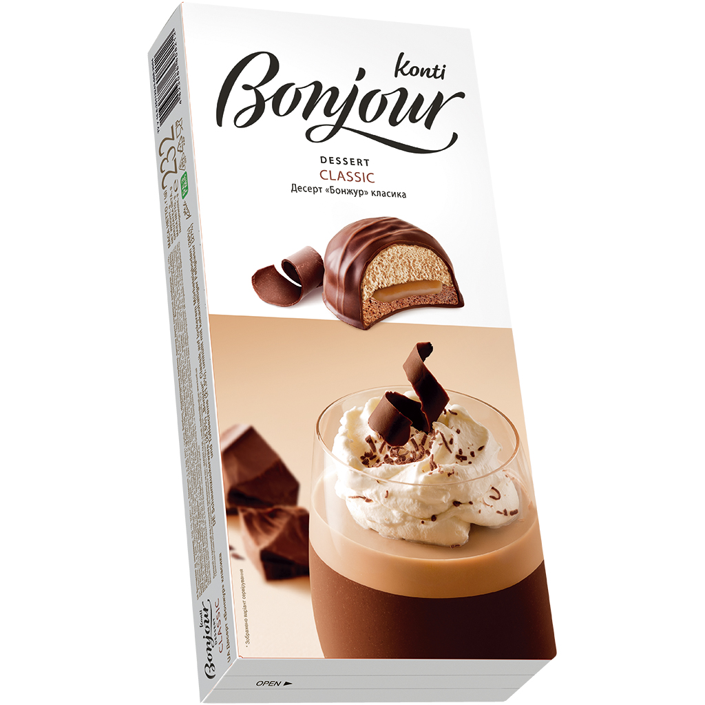 Konditorski proizvodi od pjene (25,5%) "Bonjour souffle" Classic na laganom prhkom tijestu (26%) i karamela od kreme (21,5%), presvučeni masnom glazurom na bazi kakaa (27%)
