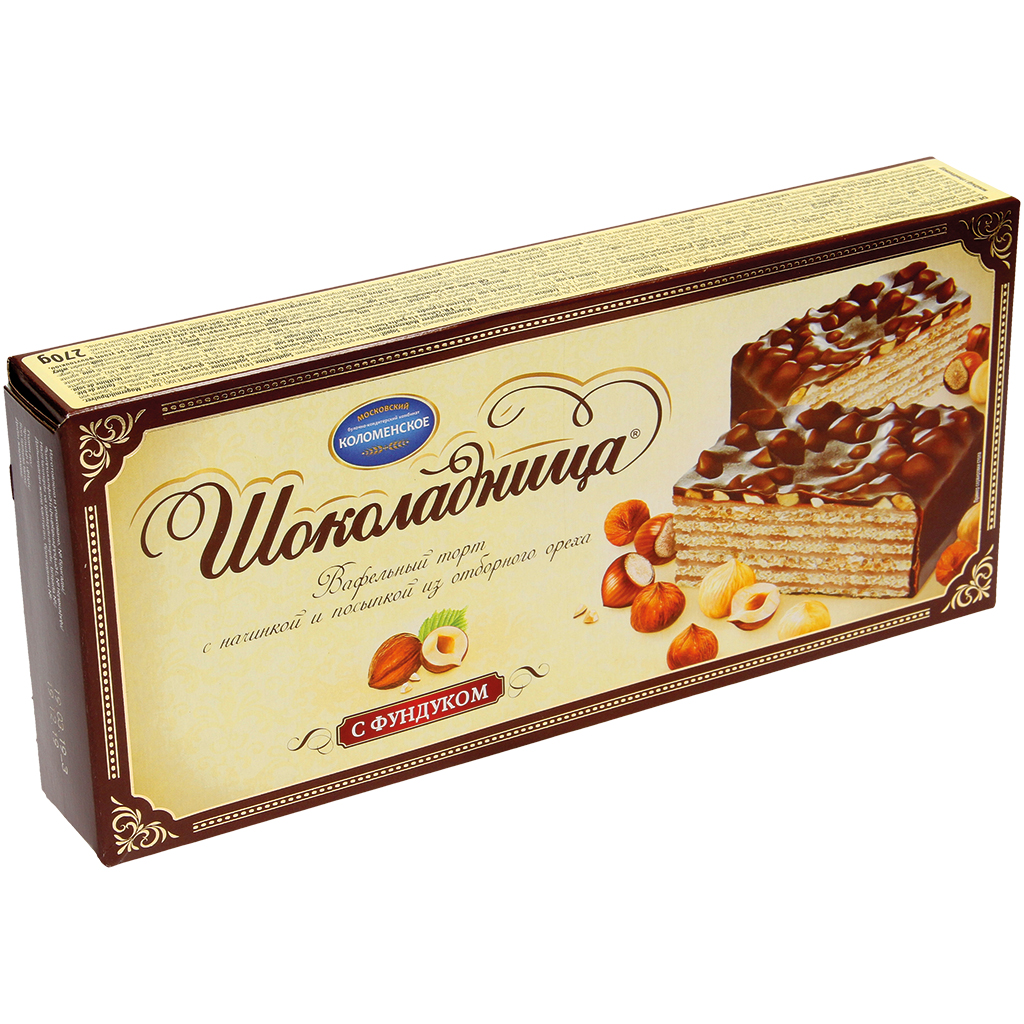 Waffeltorte "Schokoladniza" mit 52% Cremefüllung-Haselnussgeschmack, bestreut mit Haselnüssen (3,4%) und Erdnüssen (3,4%), in kakaohaltiger Fettglasur