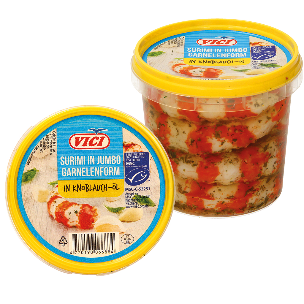 Surimi-Krevety-Imitace tvarovaná z rybí svaloviny, v česnekovém oleji