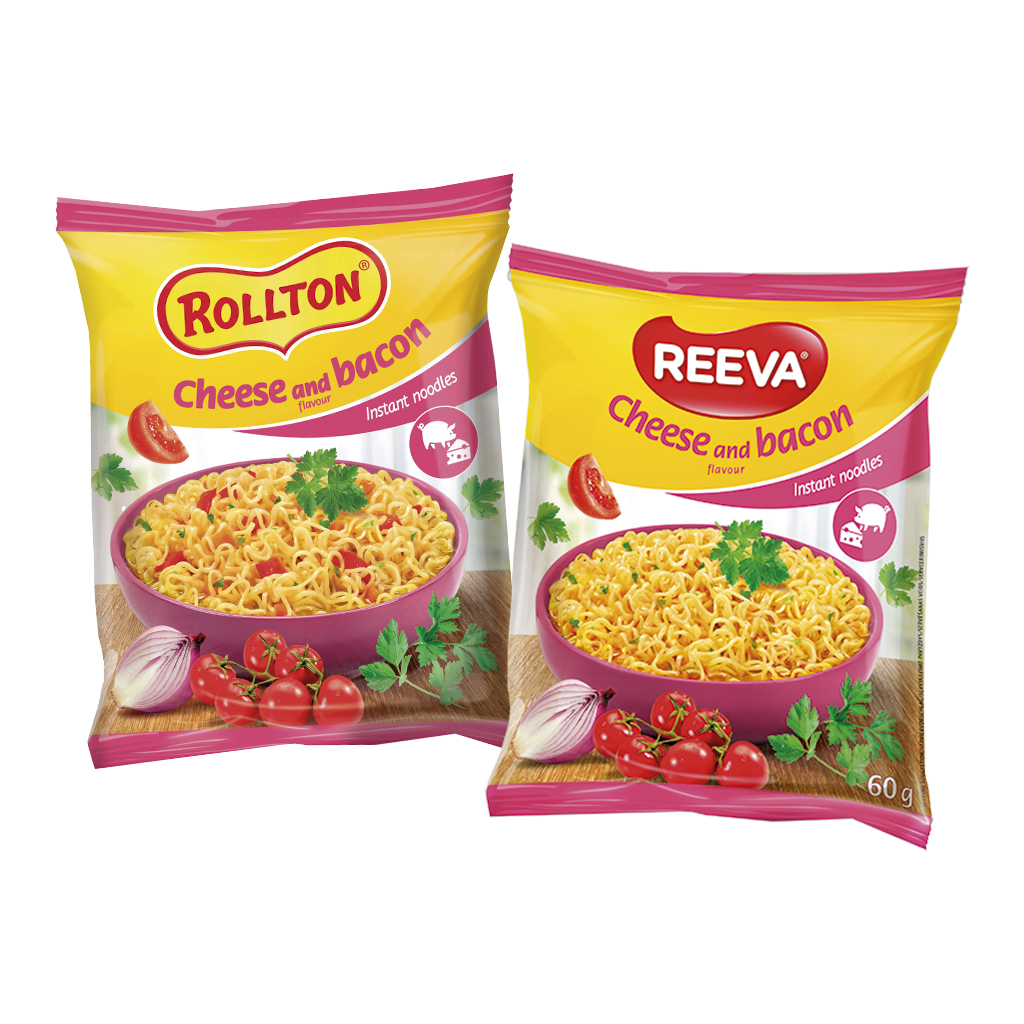 "Reeva" Instantnudelgericht mit Käse- und Bacongeschmack - für die schnelle Zubereitung.