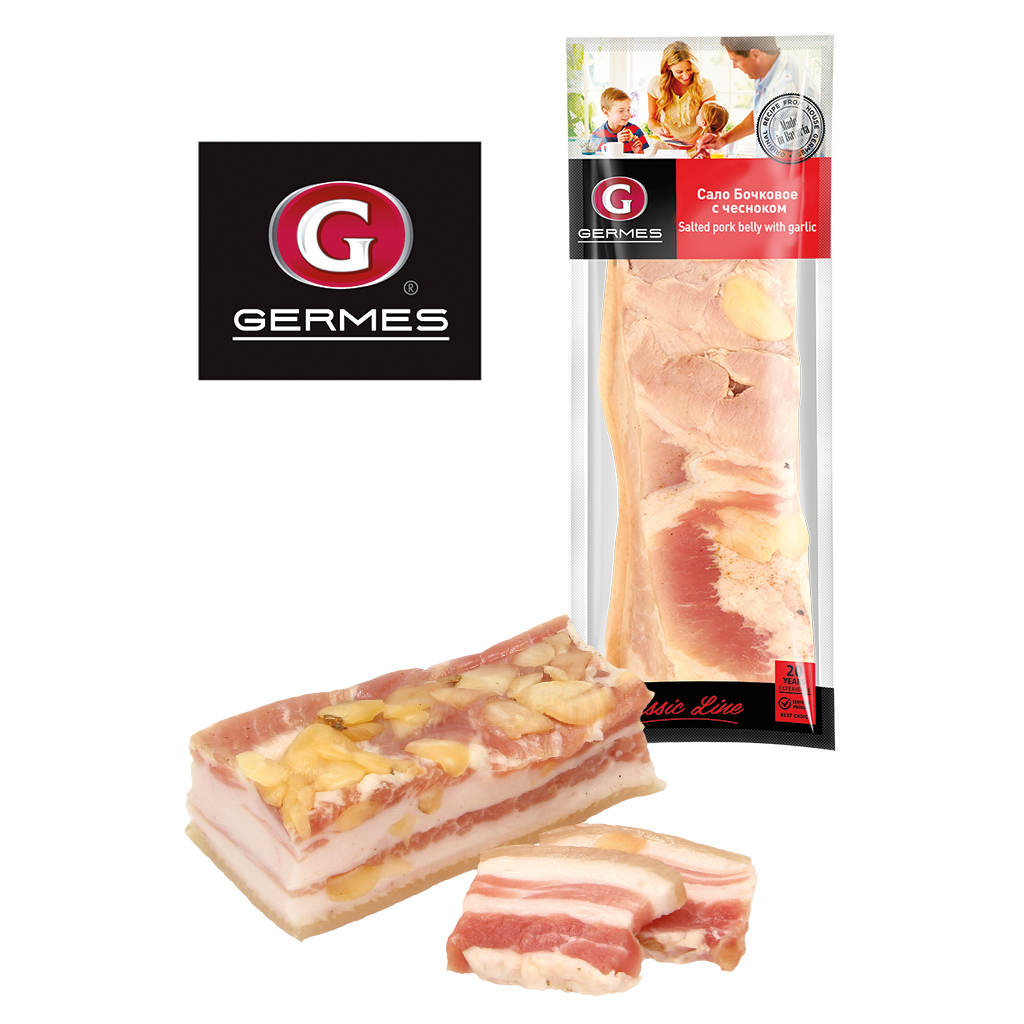 Schweinespeck mit Knoblauch "Salo Botschkowoe s tschesnokom", gepökelt
