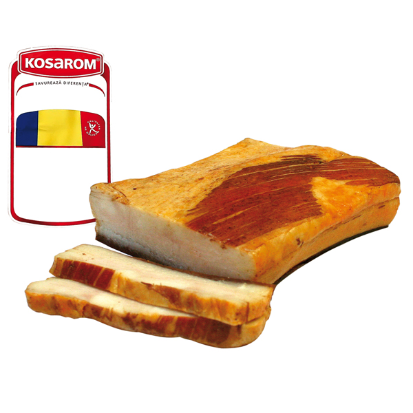 Schweinespeck "Slanina cu boia" rumänischer Art mit Paprikapulver, gekocht und geräuchert