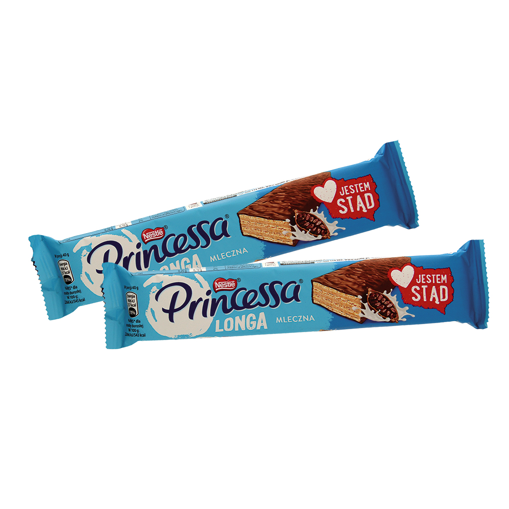 Waffelriegel mit 49% kakaohaltiger Creme in Milchschokolade "Princessa Mleczna - longa"