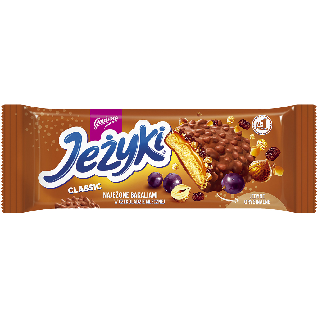 Jutrzenka - "Jezyki Classic" Teegebäck mit 32,3% Karamellauflage, Getreidecrisps, Rosinen und Haselnüssen, in Milchschokolade.