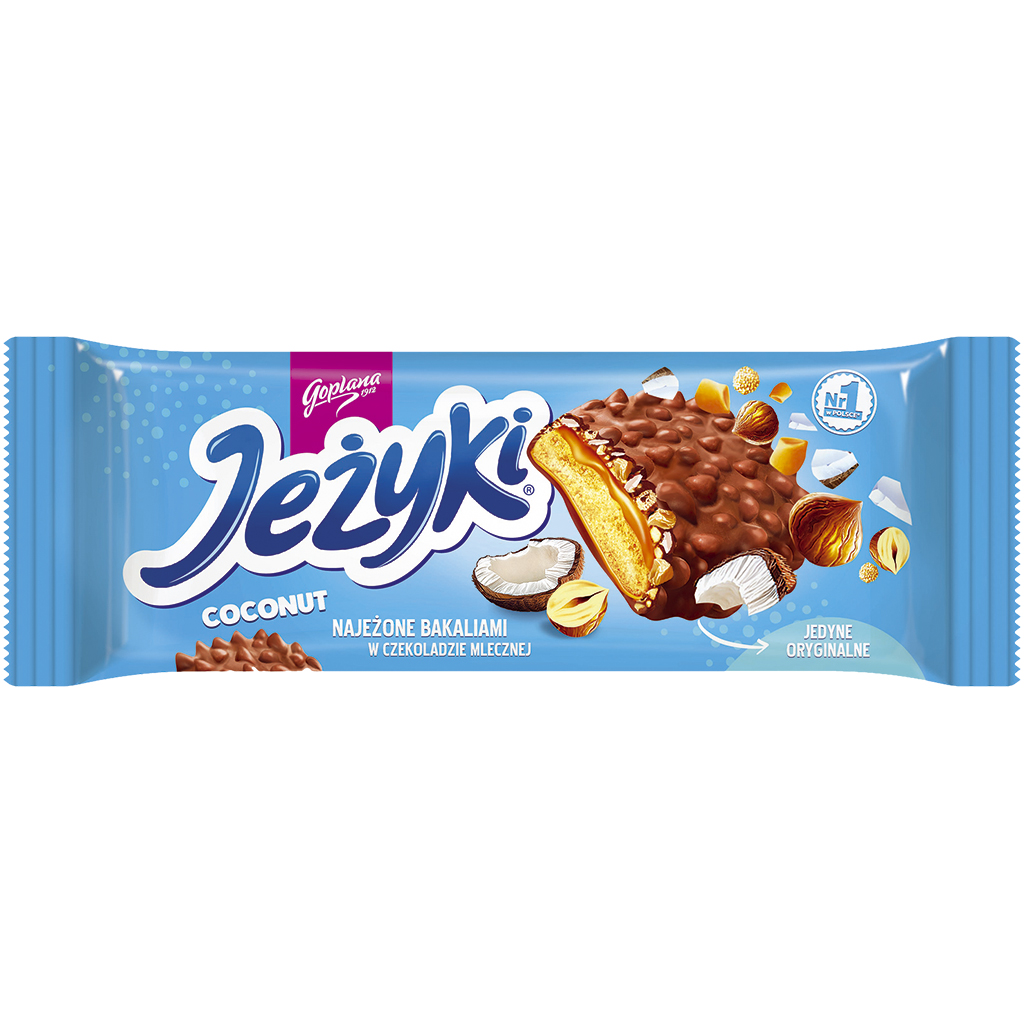 Jutrzenka - "Jezyki Kokos" Teegebäck mit 38,1% Karamellauflage, Kokosraspeln, Haselnüssen und Getreidecrisps, in Milchschokolade.