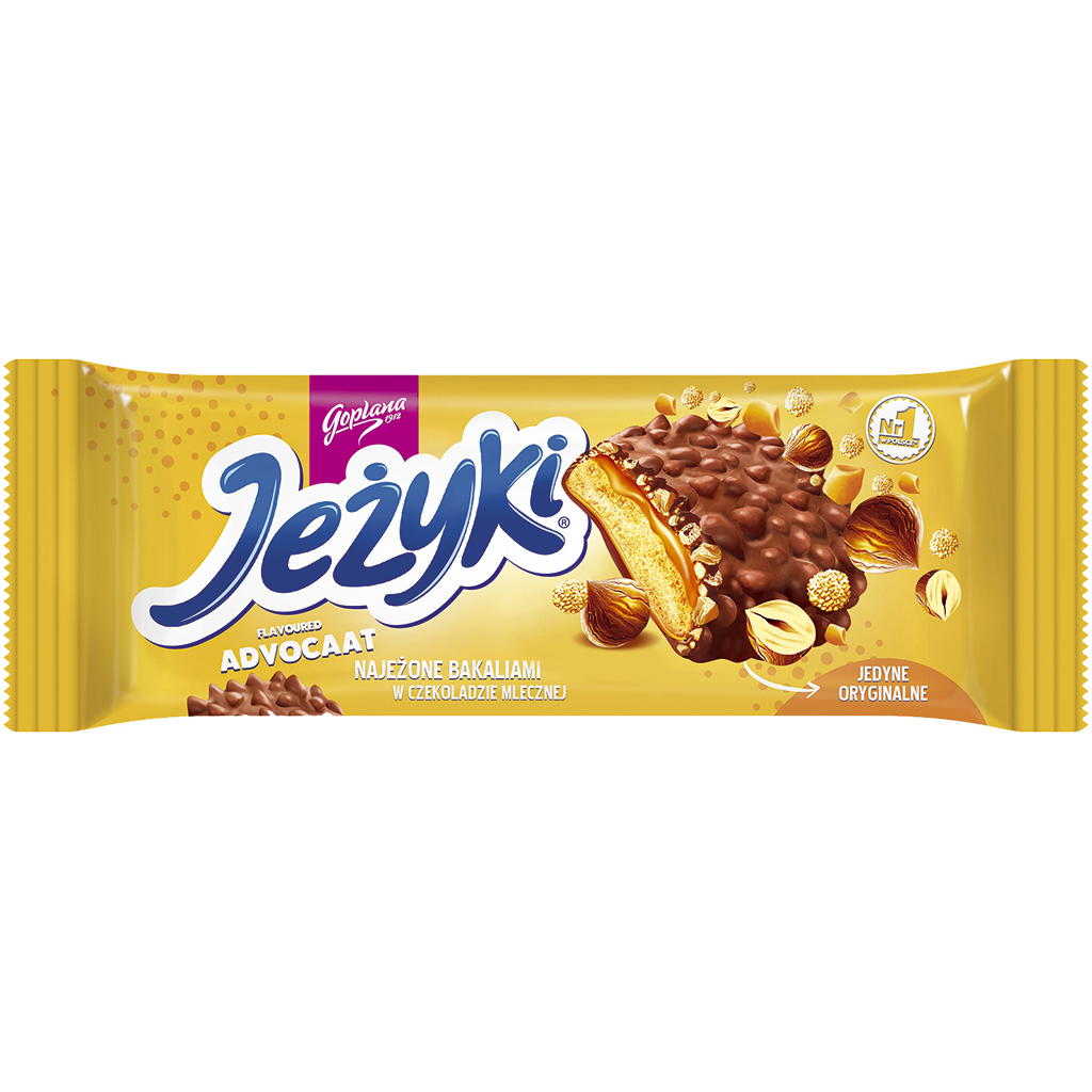 Teegebäck "Jezyki Advocat" mit 38% Karamellauflage mit Eierlikörgeschmack, Getreidecrisps und Haselnüssen, in Milchschokolade. Schokolade enthält neben Kakaobutter auch andere pflanzliche Fette