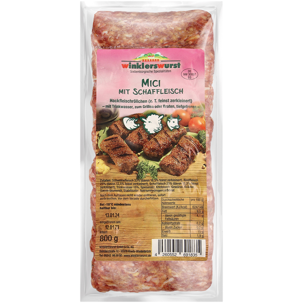 Hackfleischröllchen aus Schweine-, Rind- und Schaffleisch (z.T. feinst zerkleinert) mit Trinkwasser, zum Grillen oder Braten, tiefgefroren