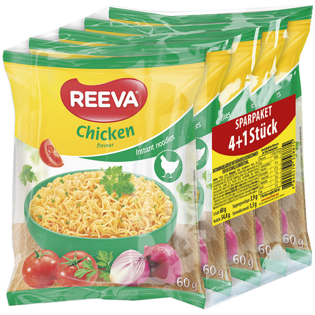 Sparpaket 4+1 Gratis "Reeva" Instandnudelgericht mit Hühnerfleischgeschmack- für die schnelle Zubereitung