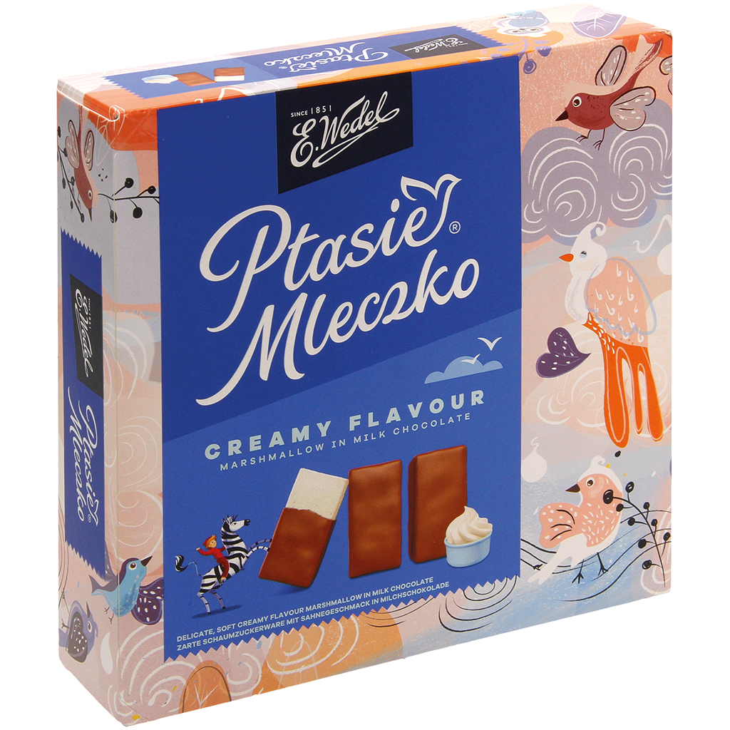 Schaumzuckerware "Ptasie Mleczko®Creamy" mit Sahnegeschmack in Milchschokolade, mit Zuckerdekor
