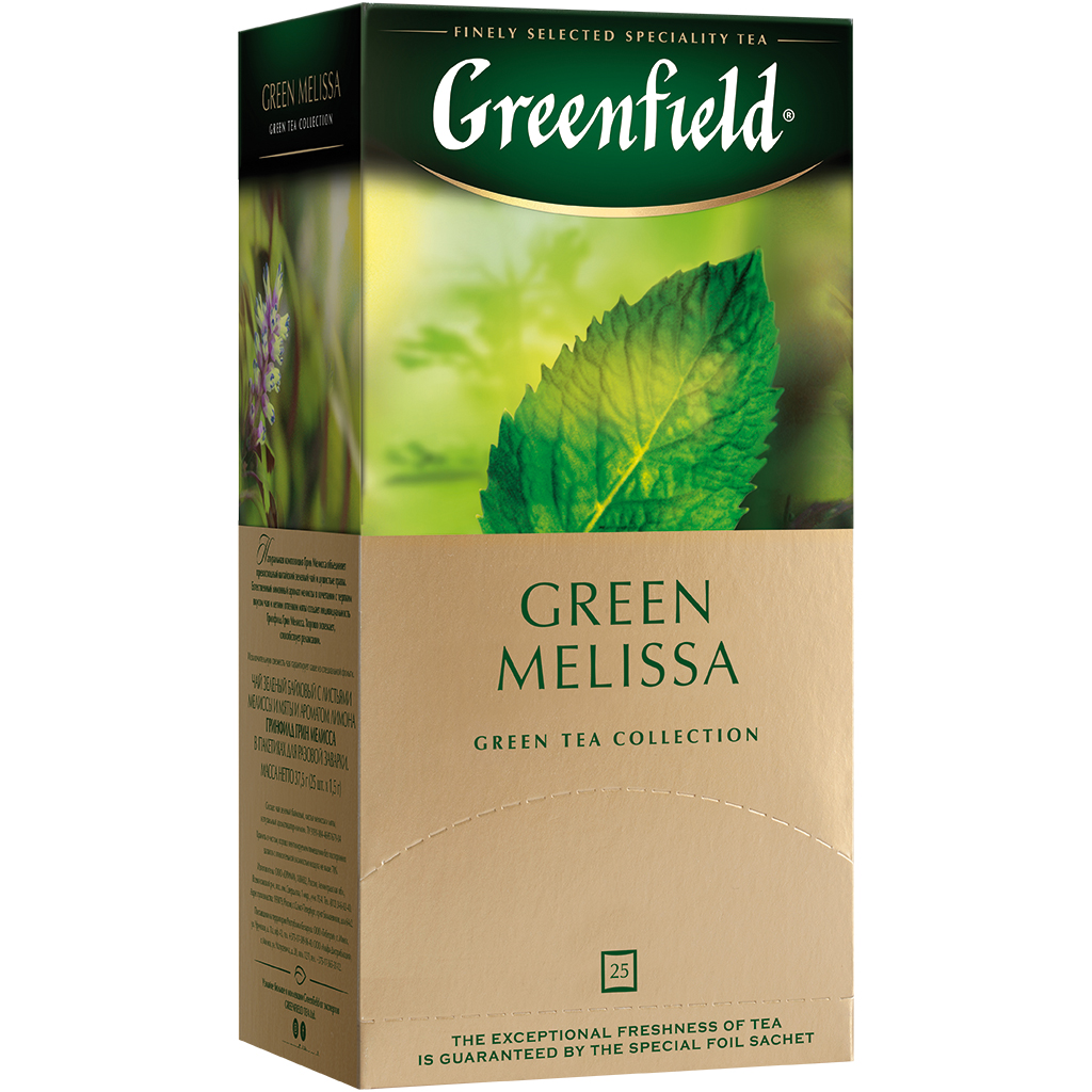 Grüner Tee mit Melisse und Minze "Greenfield Green Melissa", aromatisiert – Zitrone. 25 x 1,5 g