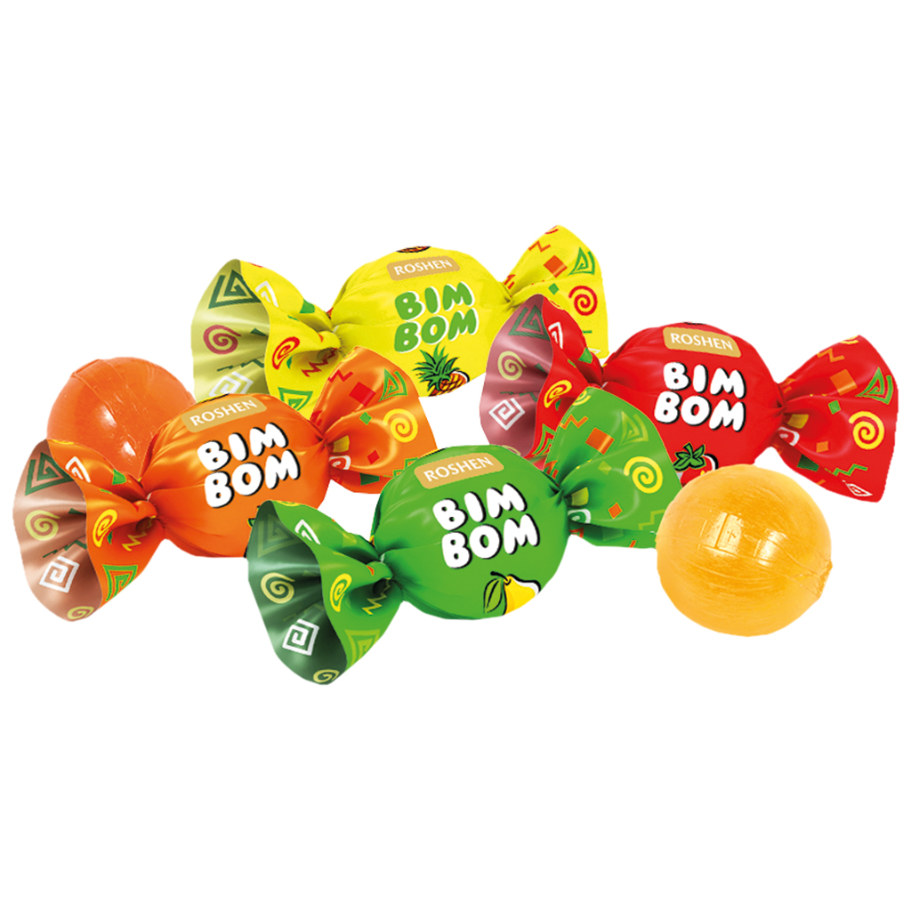 Hartkaramelle "Bim Bom" mit aromatisierter Füllung (18%) in Geschmacksrichtungen: Erdbeere, Ananas, Birne /lose