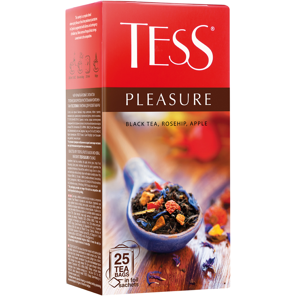 Schwarzer Tee "TESS Pleasure" mit Apfel und Hagebutte, aromatisiert- tropische Früchte, 25 x 1,5g