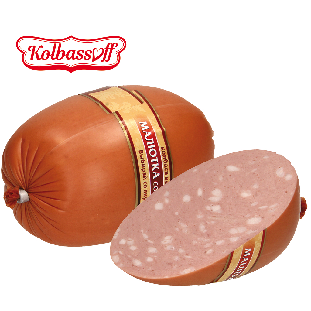 Feinzerkleinerte Brühwurst "Malutka so schpikom" mit grober Speckeinlage, mit Raucharoma verfeinert, mit Trinkwasserzusatz