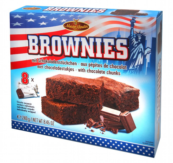 "Brownies" Schokoladengebäck mit Schokoladenstückchen.