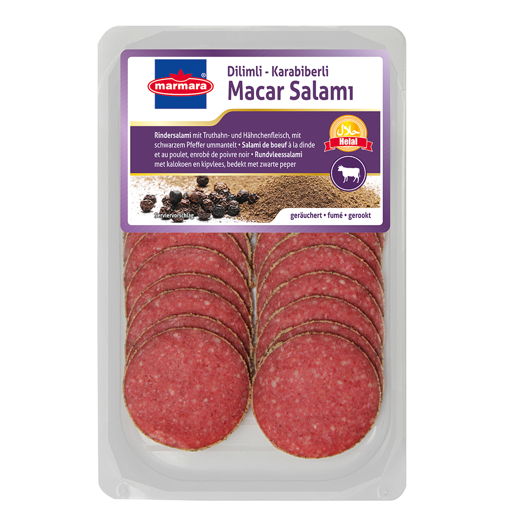 Pfeffer-Rindersalami mit Truthan- und Hähnchenfleisch, geräuchert