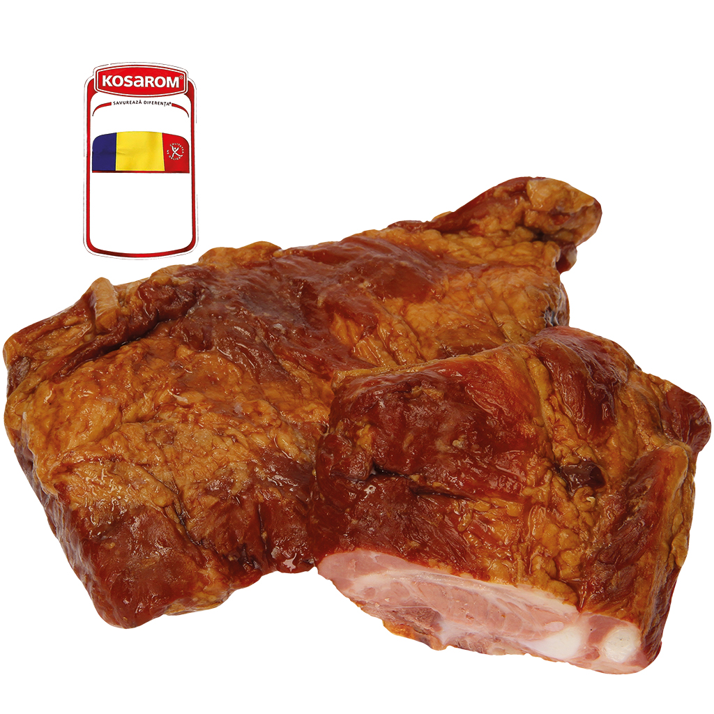 Travers de porc préparé et fumée, à la roumaine, avec des protéines de porc ajoutées.
