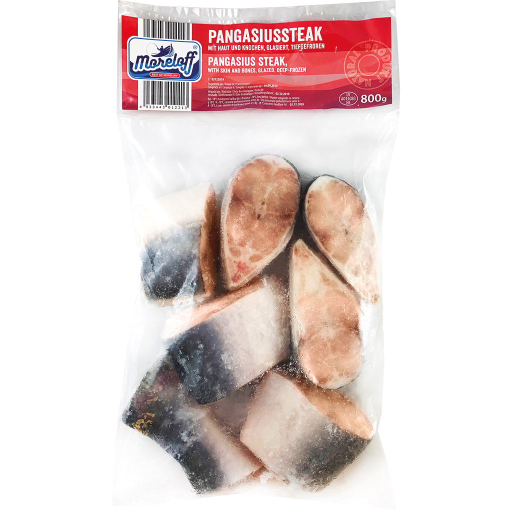 Pangasiussteak (Pangasius hypophthalmus), mit Haut und Knochen, glasiert, tiefgefroren