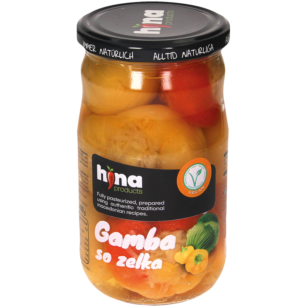 Paprika gefüllt mit Weißkraut "Gamba", essigsauer eingelegt. Pasteurisiert