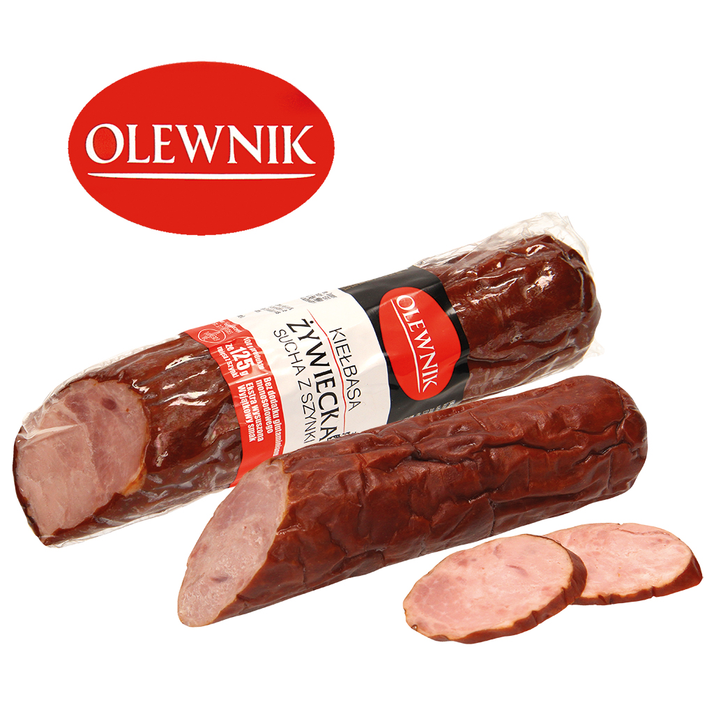 Grobe Schinkenwurst "ZYWIECKA", geräuchert. 125g Schweinefleisch werden für 100g Produkt verwendet.