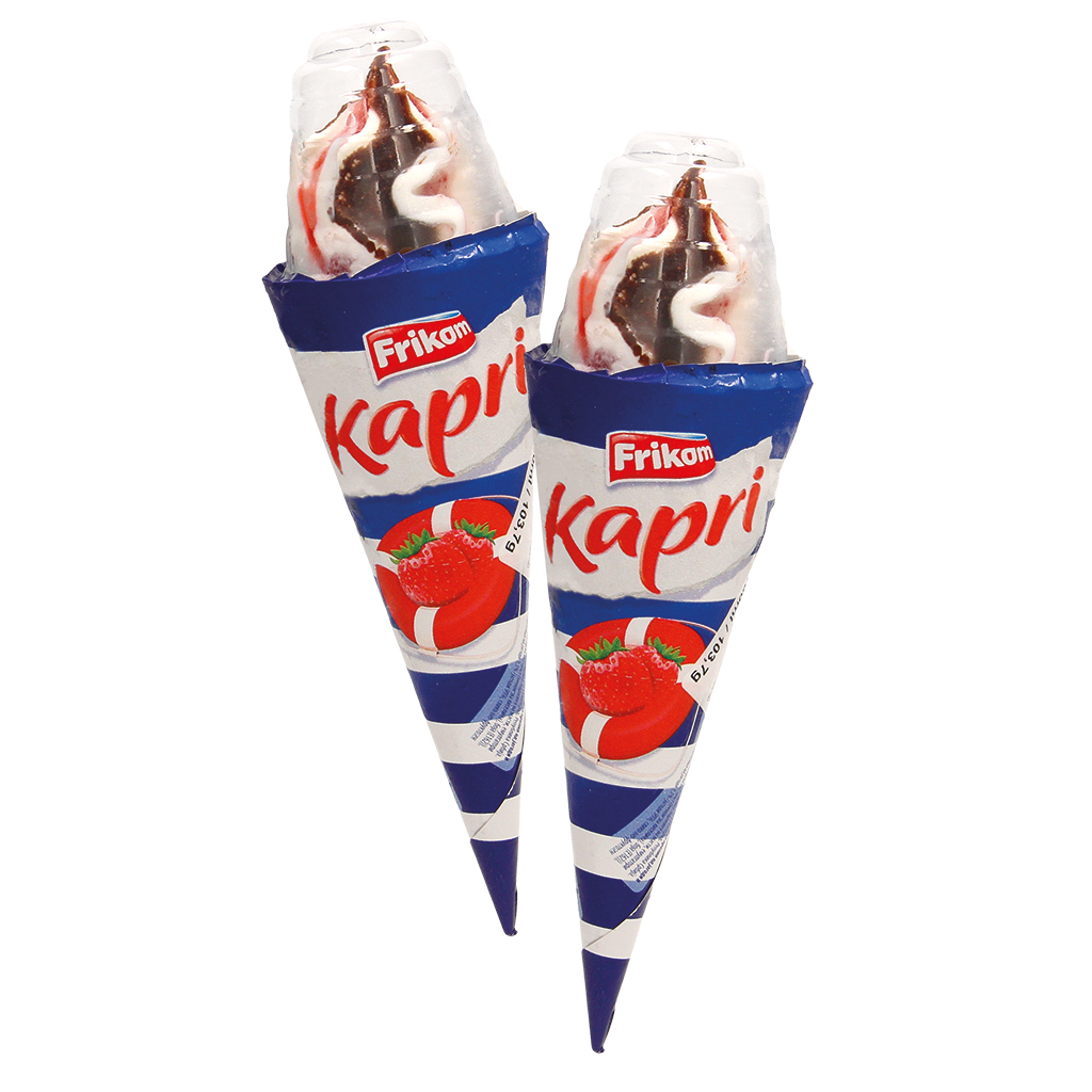 Eiscreme "KAPRI KORNET" mit Vanillegeschmack, karamellisierten Erdbeerstückchen und Erdbeersauce in einer Waffel mit kakaohaltiger Fettglasur, tiefgefroren