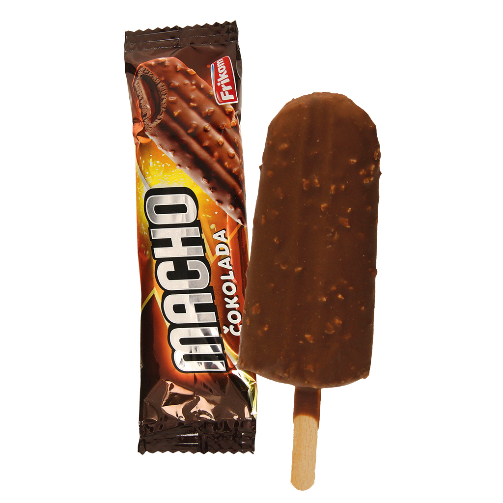 "MACHO SCHOKO"-Eiscreme mit Schokogeschmack und einer Füllung mit Schoko-Haselnussgeschmack umhüllt von Milchschokolade mit Waffelstückchen, tiefgefroren