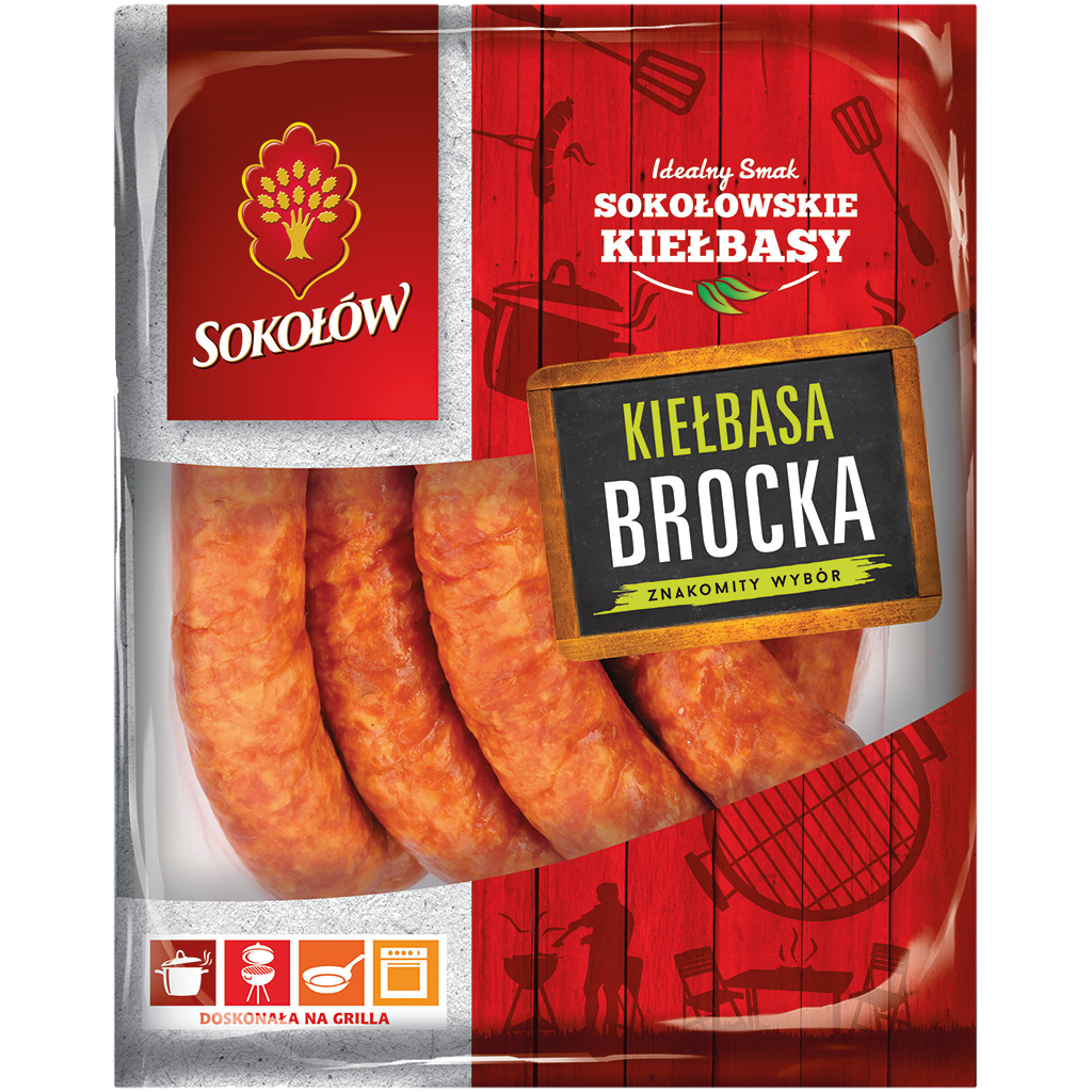 Mittelgrobe Schweinefleischwurst "Kielbasa Brocka" mit Haenchenfleisch, geraeuchert. Mit Zusatz vom tierischen Eiweiss (Schwein).