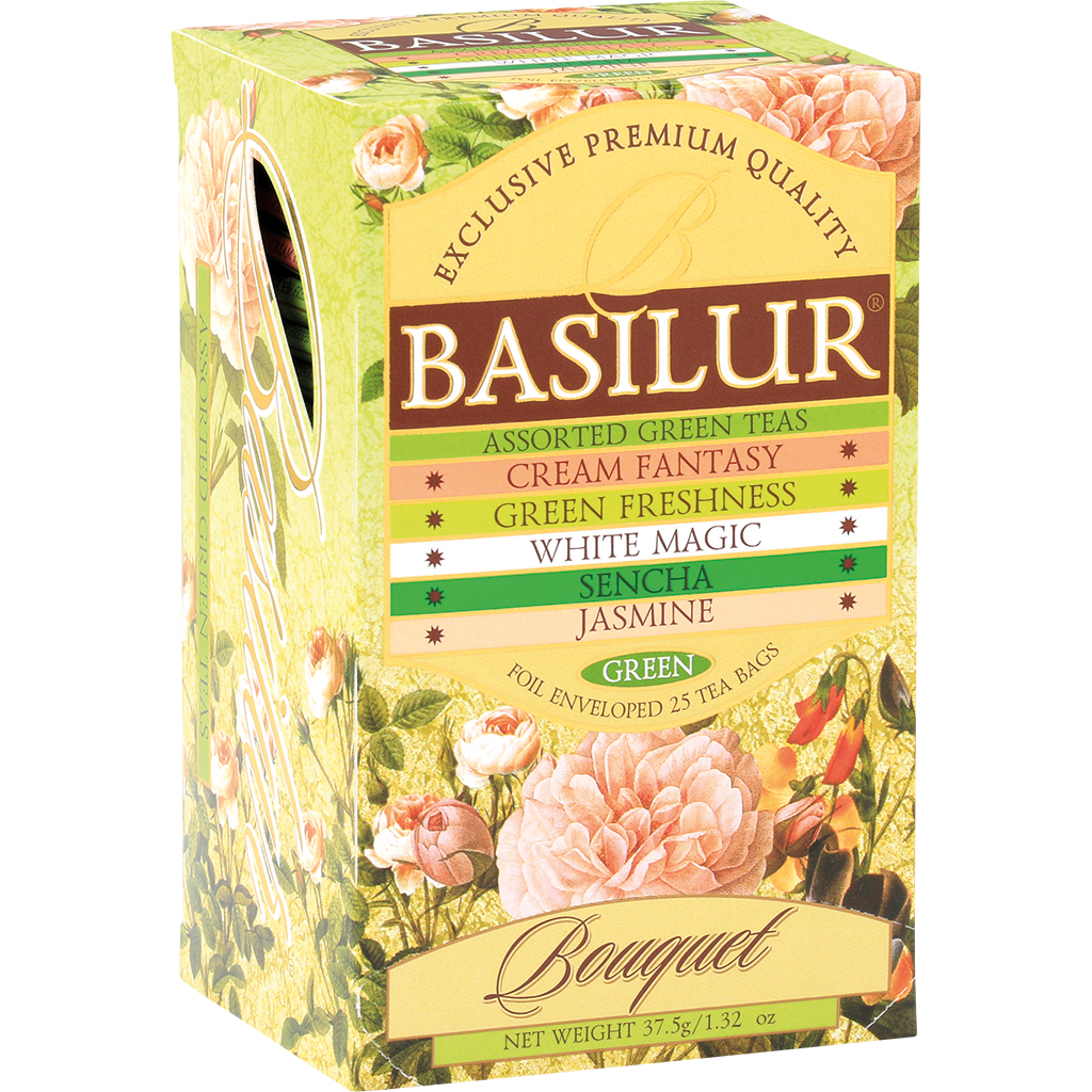 Teemischung aus 5 Sorten Grüner Tee "Basilur Bouquet Collection", 25 Teebeutel