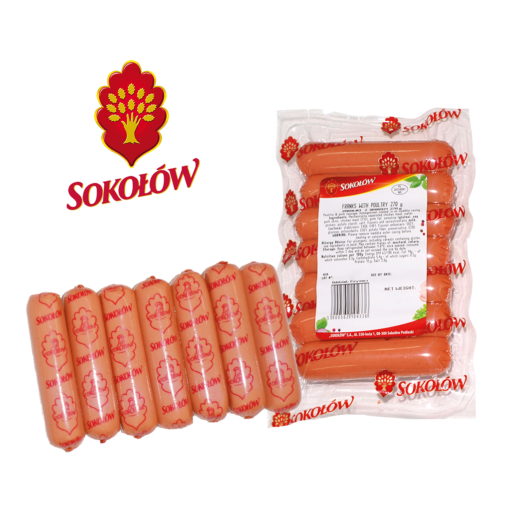 "Parowki z drobiem" Wuerstchen aus Haenchenseparatorenfleisch, mit Schwarten und Schweinefett, Weichweizengriess, Kartoffelstaerke und Sojaeiweiss